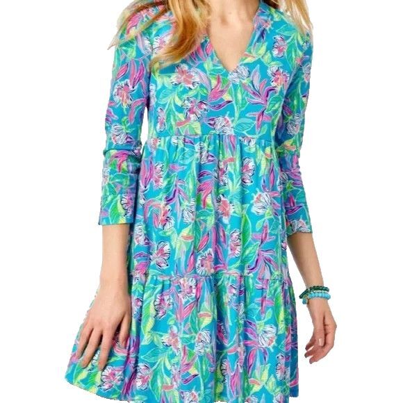 Lilly Pulitzer Alaina Dress sz L Tiered Babydoll Swing Formentera Turquise BOHO - Picture 3 of 13